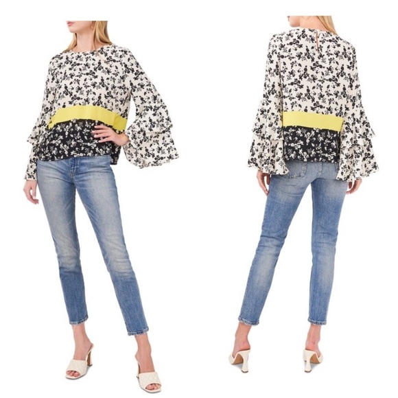 Vince Camuto Women's Printed Tiered-Bell-Sleeve Top White Birch S - Picture 2 of 14